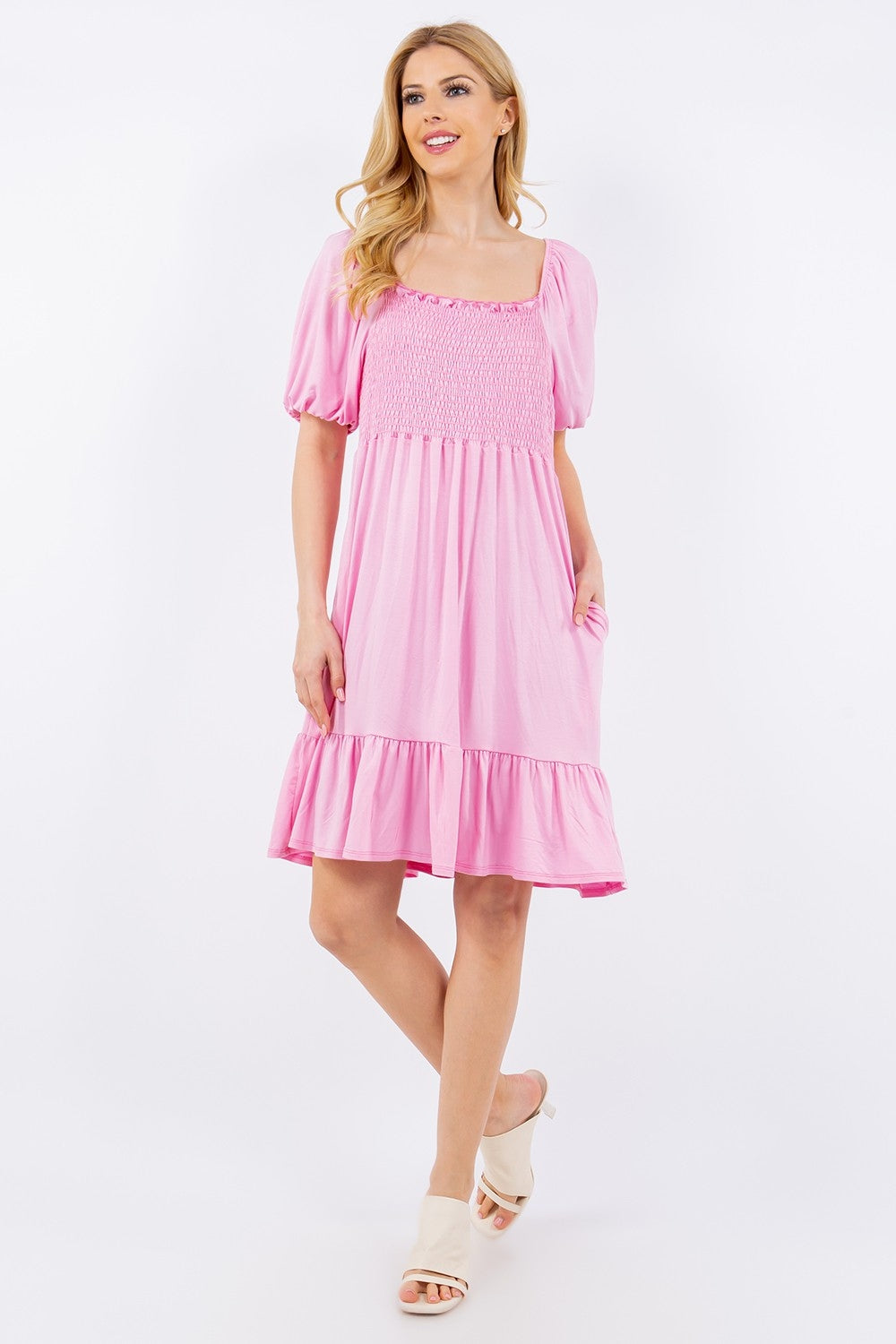 Ruffle Hem Short Sleeve Smocked Dress