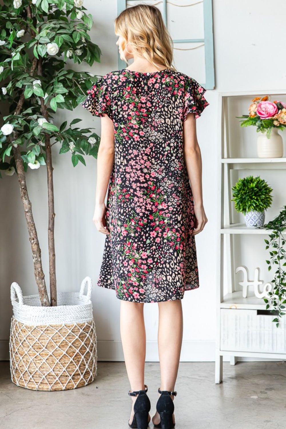 Printed Ruffled Short Sleeve Dress with Pockets
