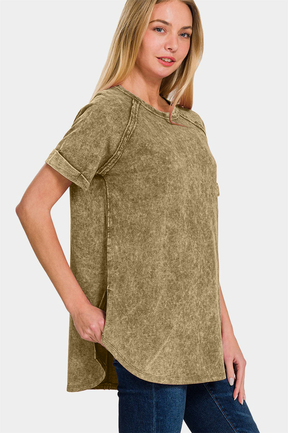 Heathered Round Neck Short Sleeve Top