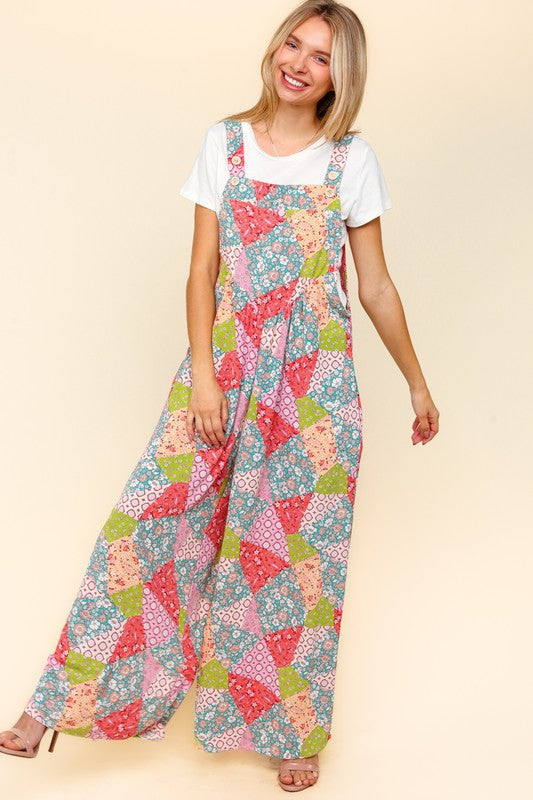 Haptics Printed Wide Leg Overalls with Side Pockets