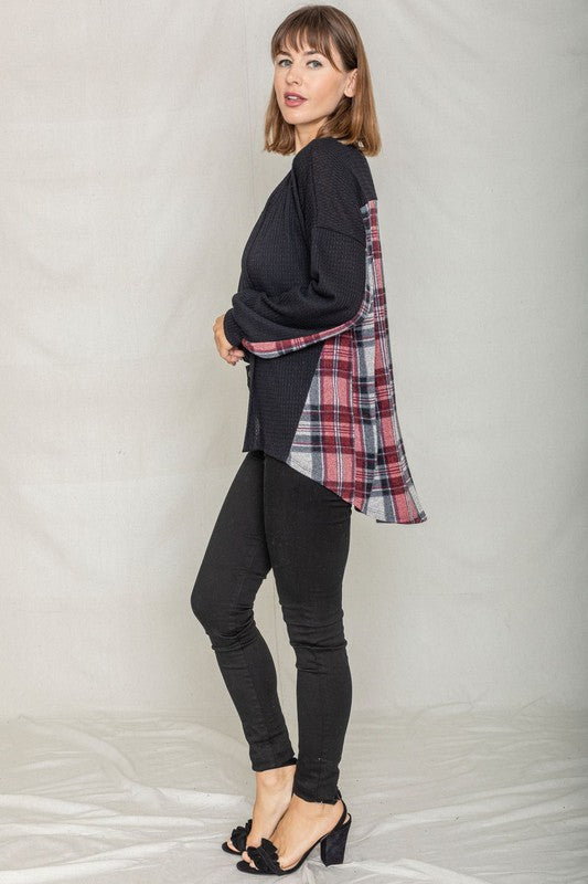 Plaid Back Waffle Knit Cardigan