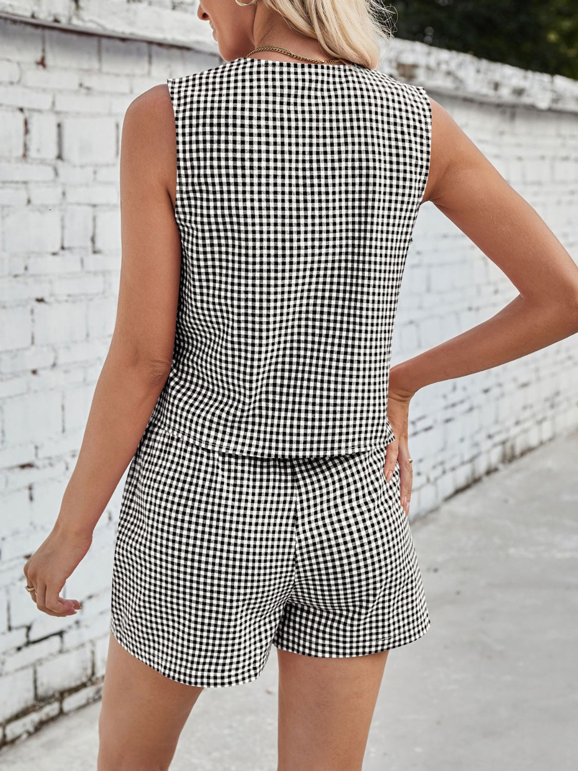 Tied Plaid V-Neck Vest and Shorts Set