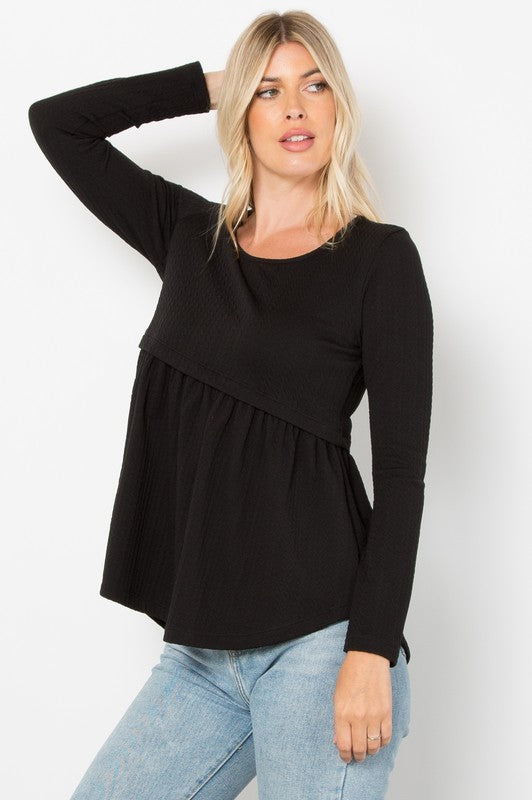 Be Stage Texture Babydoll Round Neck Long Sleeve Knit Top