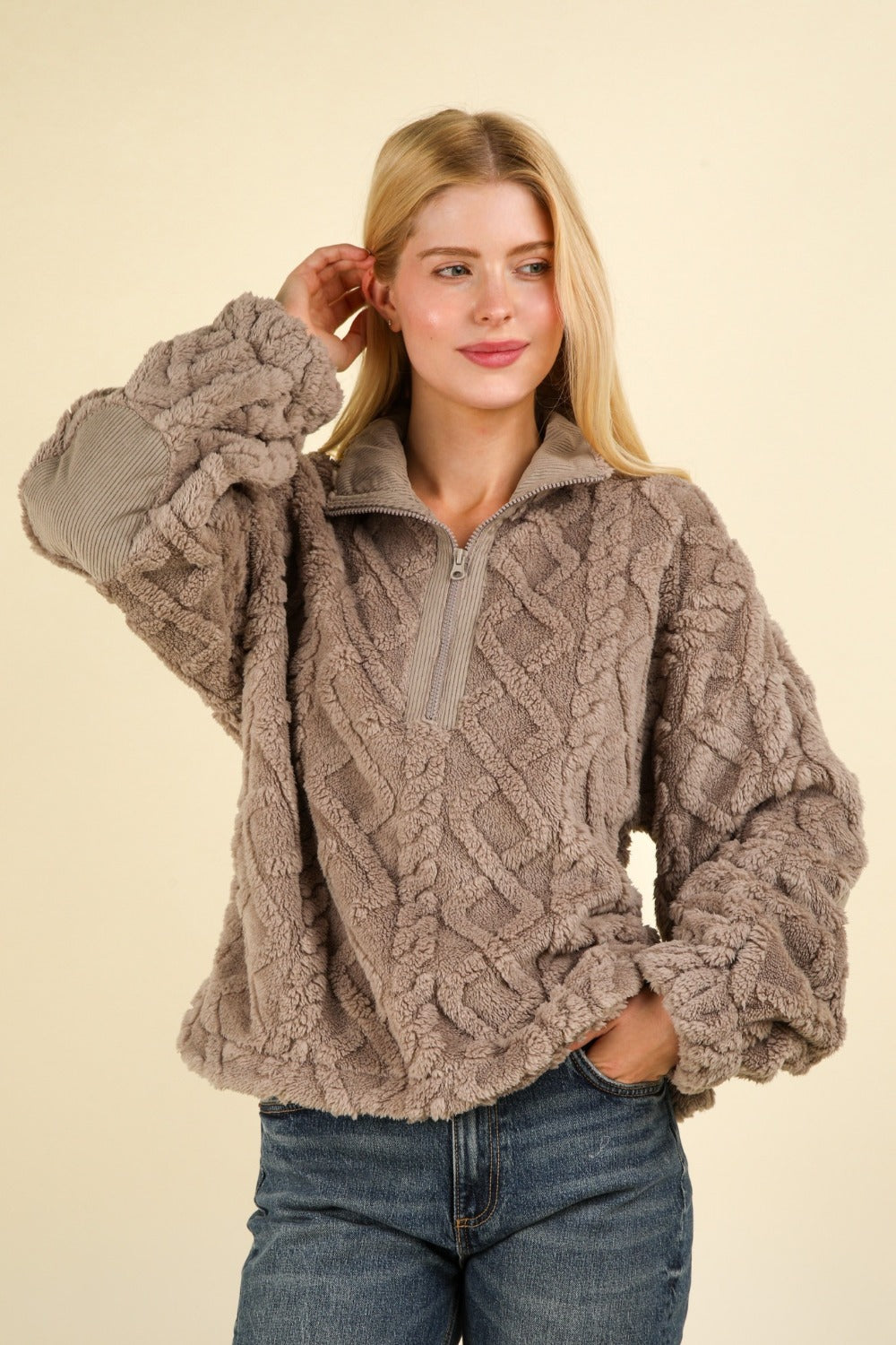 Fuzzy Fleece Half Zip Cable Pattern Sweatshirt