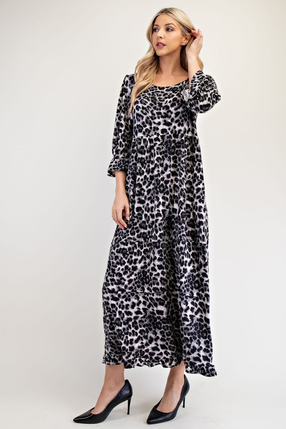Celeste Leopard Round Neck Flounce Sleeve Dress