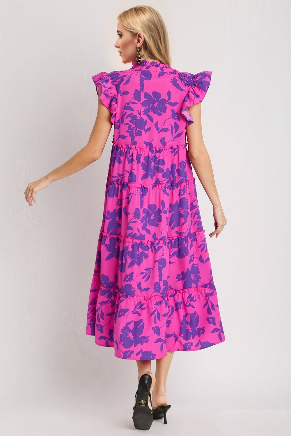 Ruffled Printed Notched Cap Sleeve Midi Dress