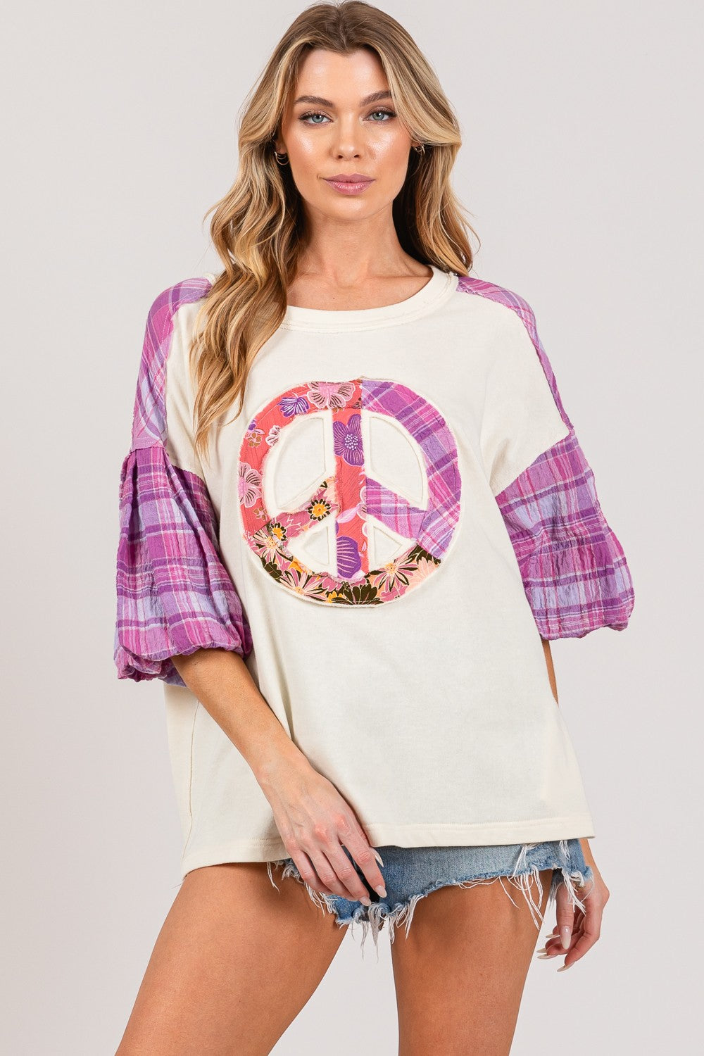 Peace Applique Patch with Plaid Contrast Top