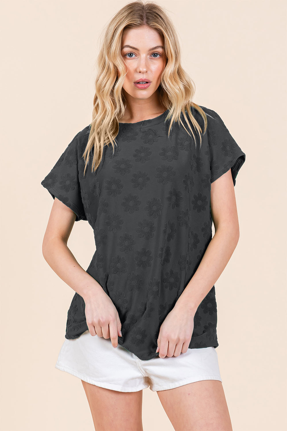 Textured Floral Pattern Short Sleeve T-Shirt