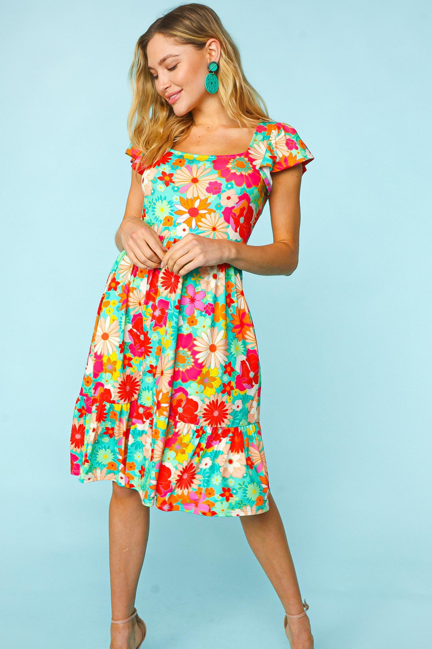 Floral Square Neck Short Sleeve Dress