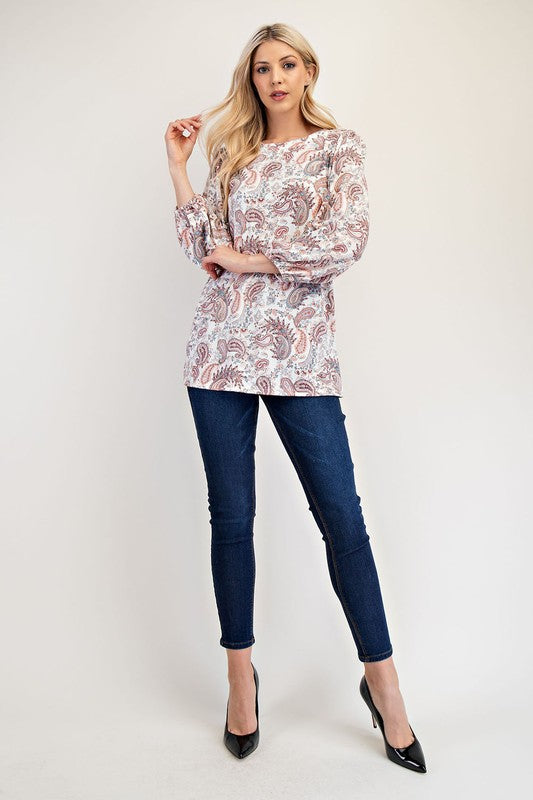 Celeste Paisley Round Neck Balloon Sleeve Top