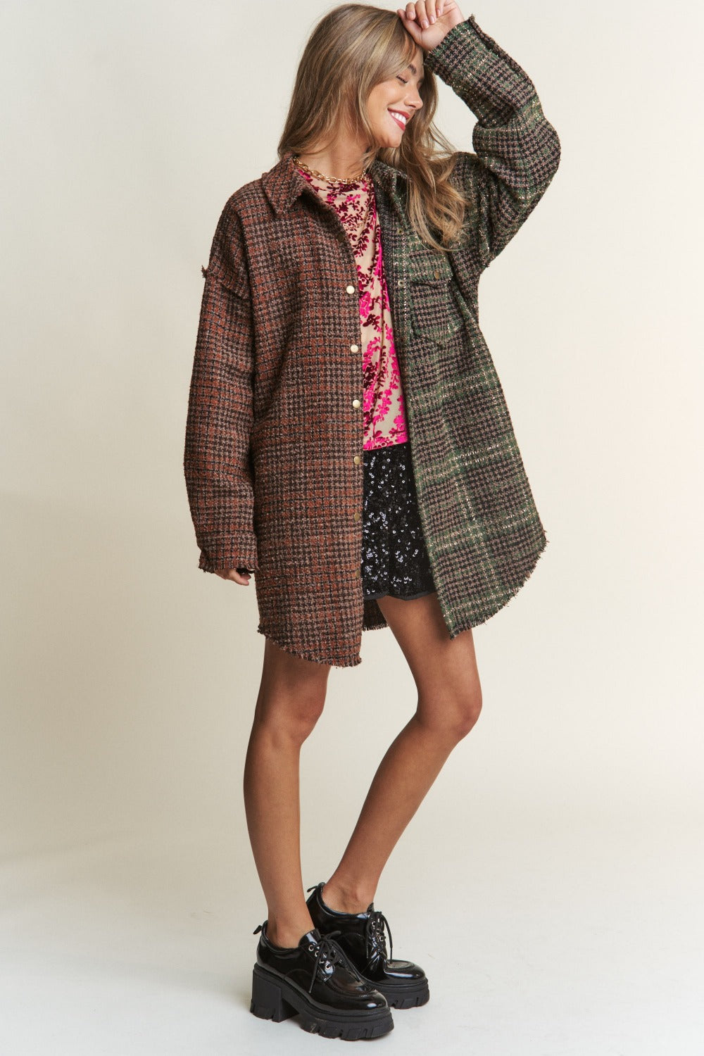 Snap Down Tweed Plaid Contrast Longline Shacket