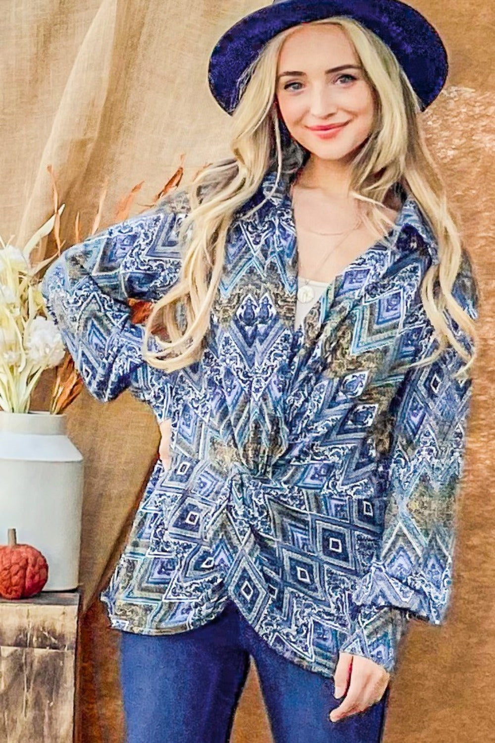 Print Twist Knot Long Sleeve Blouse