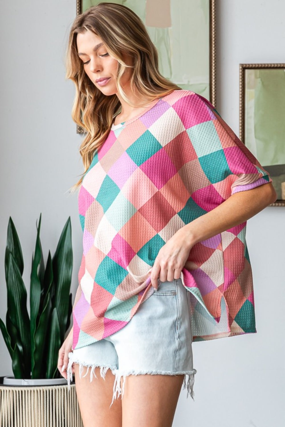 Multi Colored Argyle Side Slit T-Shirt