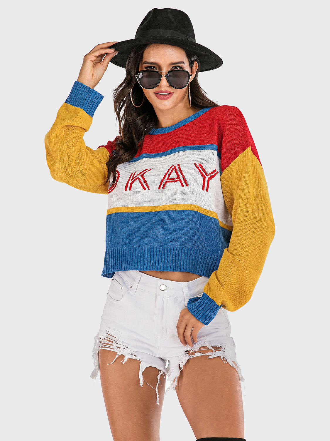OKAY Contrast Dropped Shoulder Long Sleeve Sweater