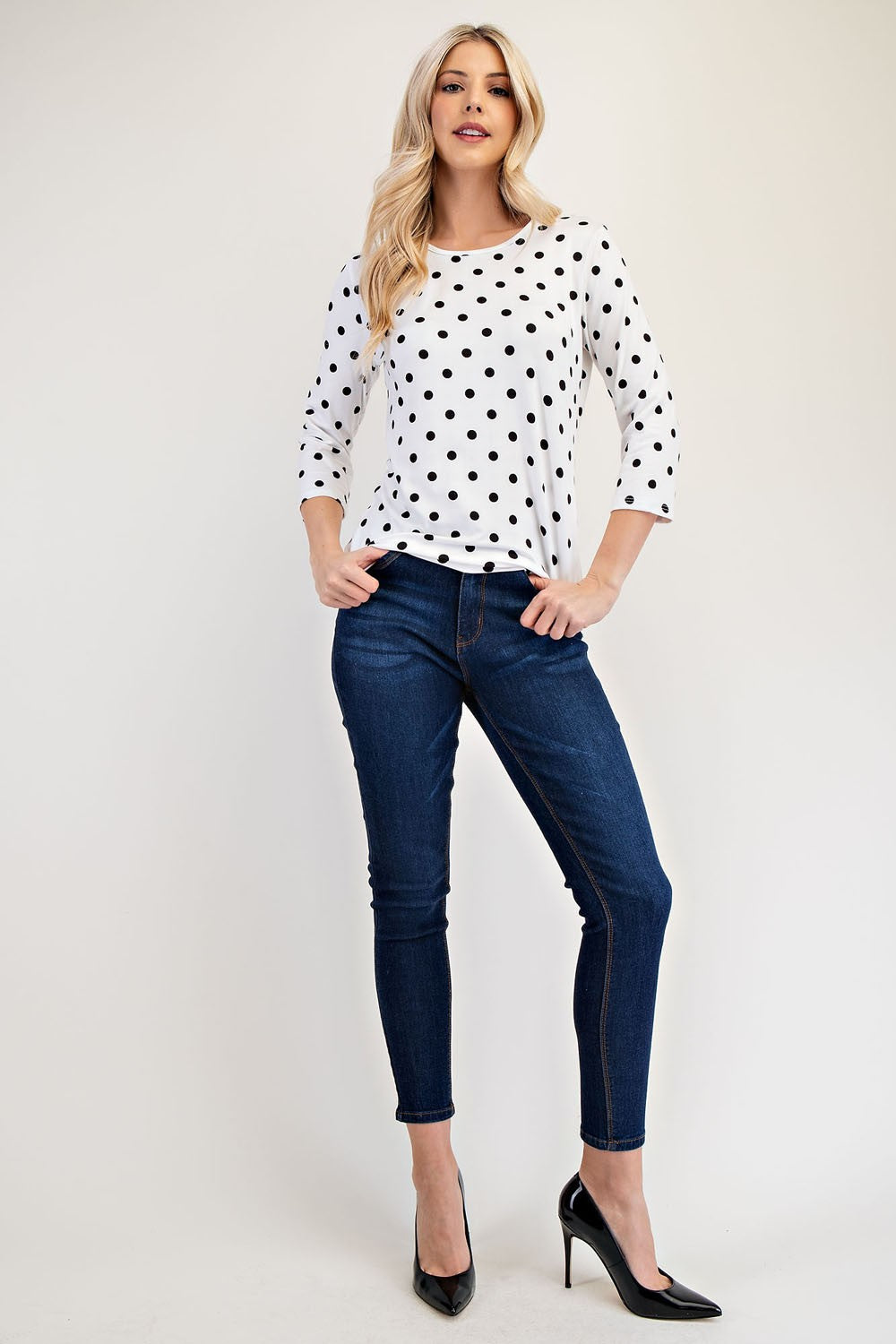 Celeste Polka Dot Round Neck Three-Quarter Sleeve T-Shirt