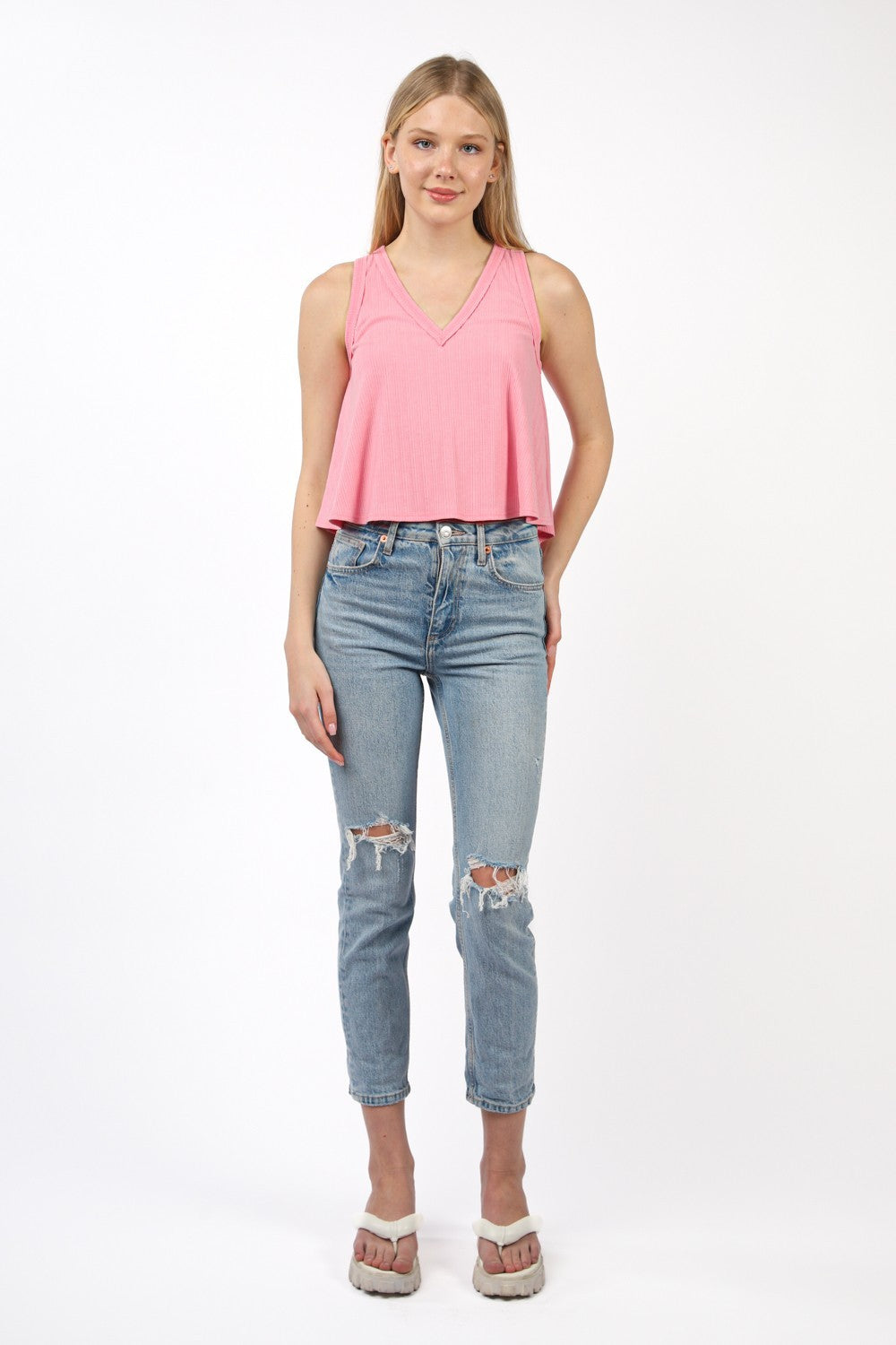 V-Neck Knit Swing Cropped Tank