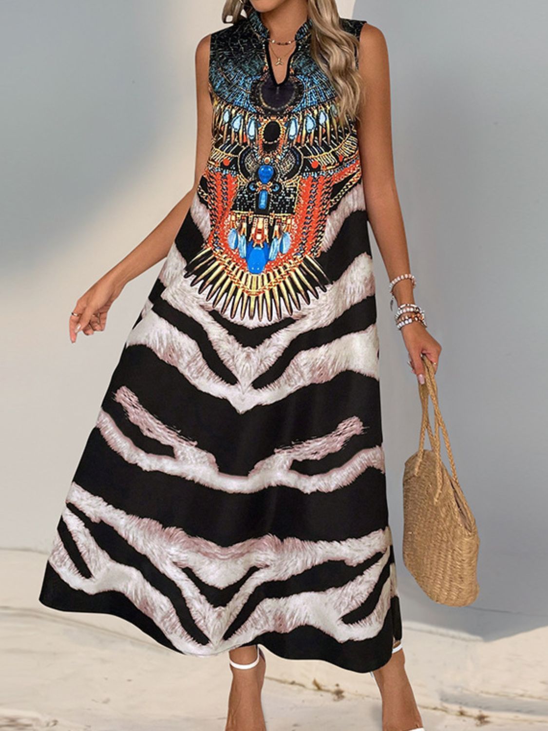 Printed Notched Sleeveless Dress