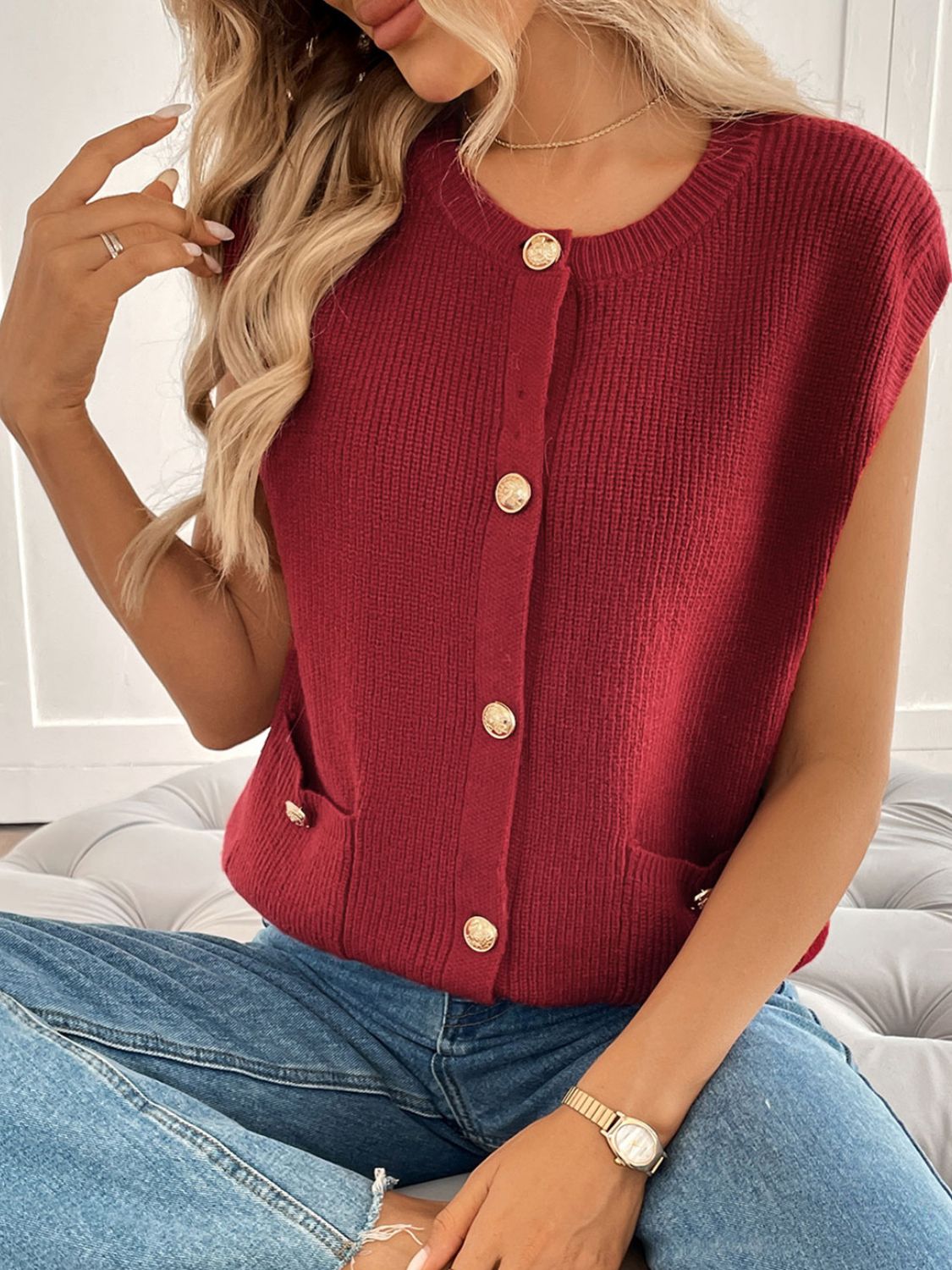 Pocketed Round Neck Cap Sleeve Cardigan