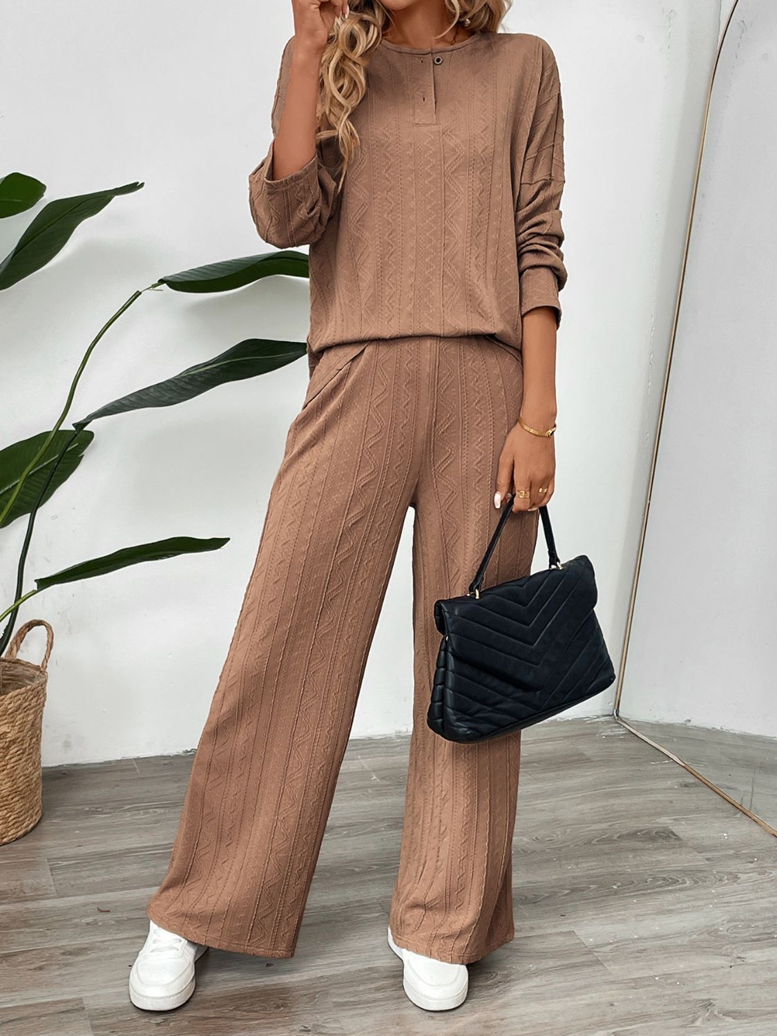 Quarter Button Long Sleeve Top and Pants Set