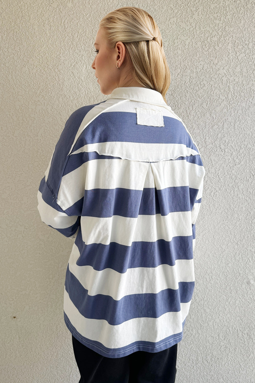 Pima Cotton Wash Wide Striped Collared Neck Long Sleeve Top