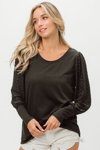Round Neck Polka Dot Lantern Sleeve Top