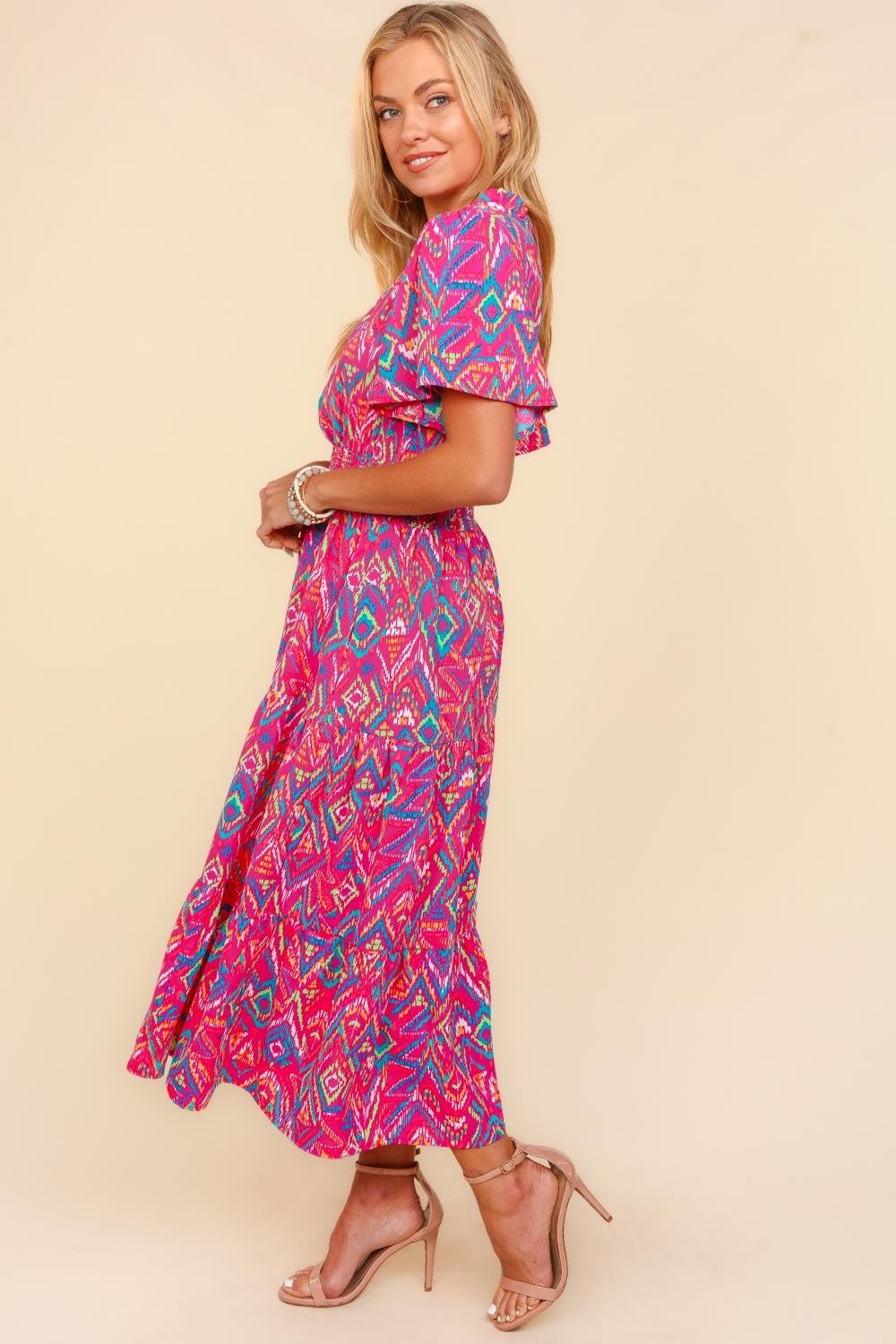 Abstract Print Smocked Waist Dress with Pockets