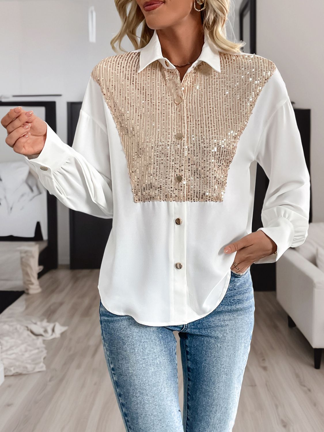 Sequin Contrast Collared Neck Long Sleeve Shirt