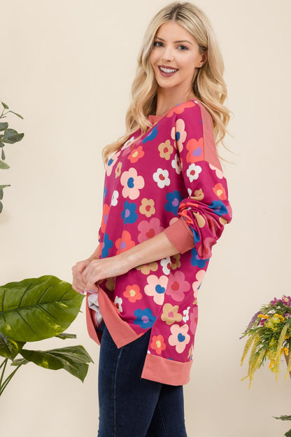 Side Slit Flower Print Long Sleeve Top