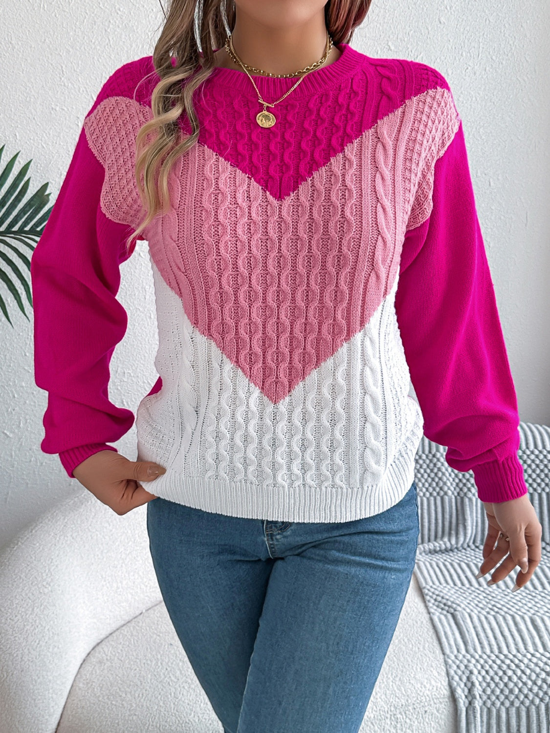 Contrast Round Neck Long Sleeve Sweater