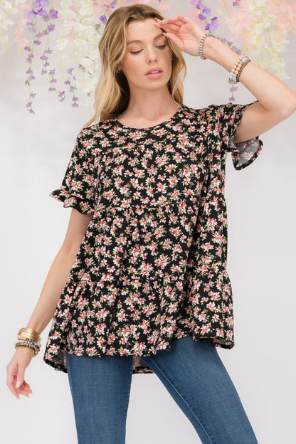 Floral Ruffled Short Sleeve Blouse