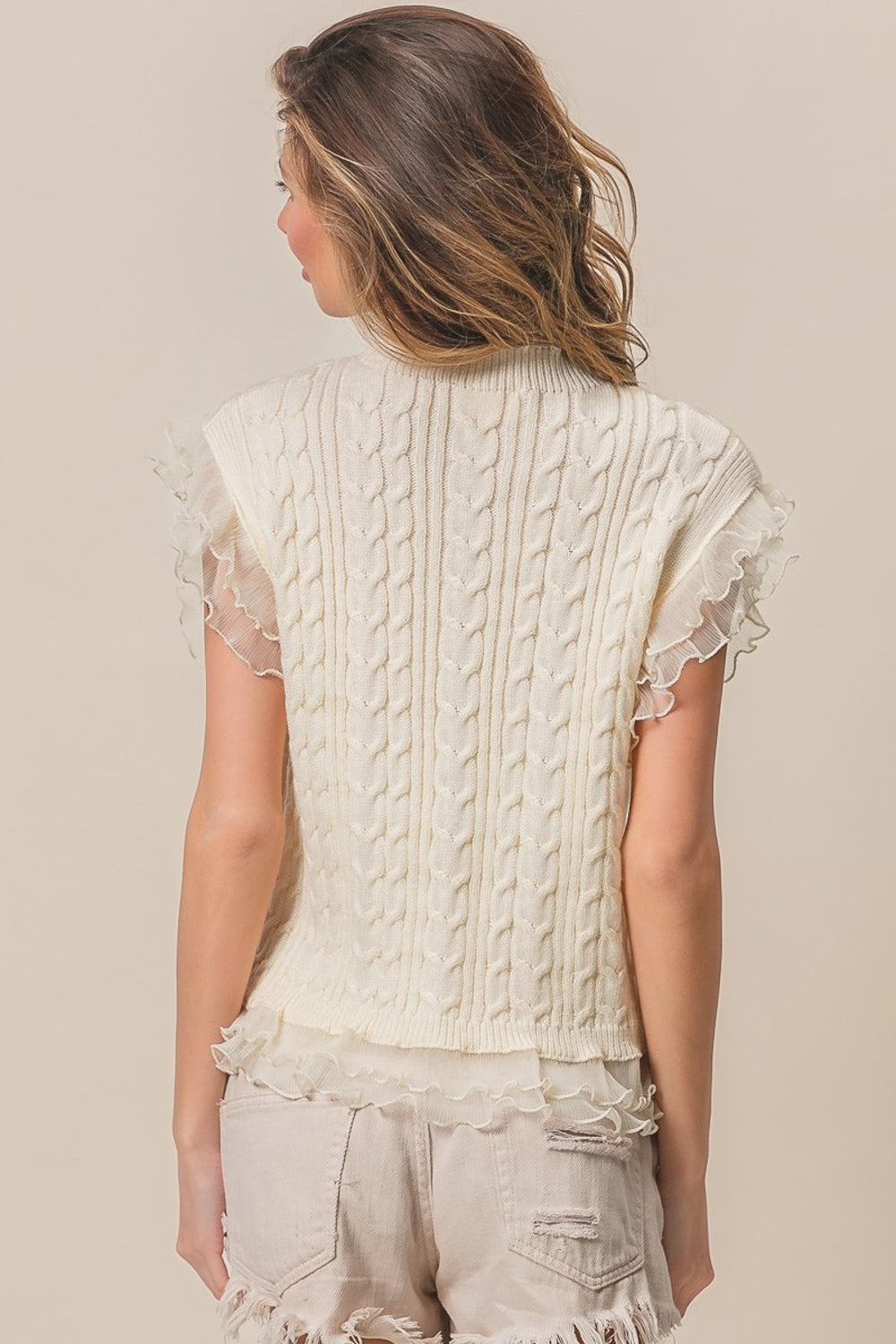 Layered Pleat Chiffon Edge Cable Knit Top