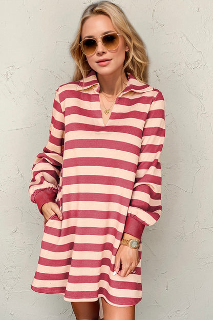 Striped Contrast Collared Neck Long Sleeve Dress