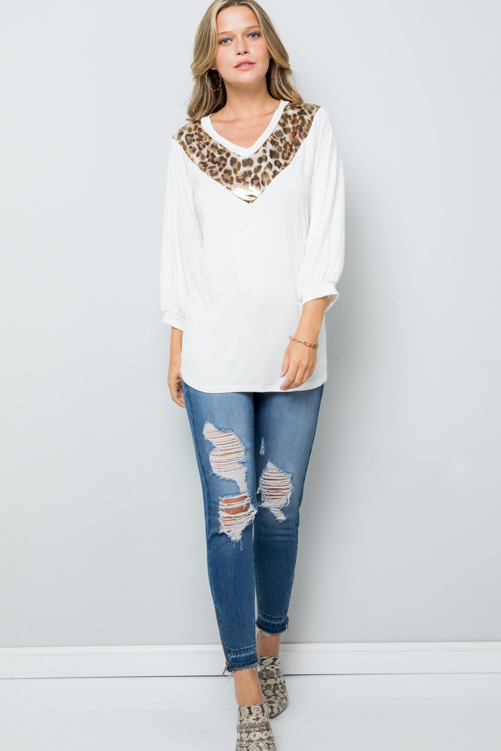 Leopard Contrast Balloon Sleeve Top