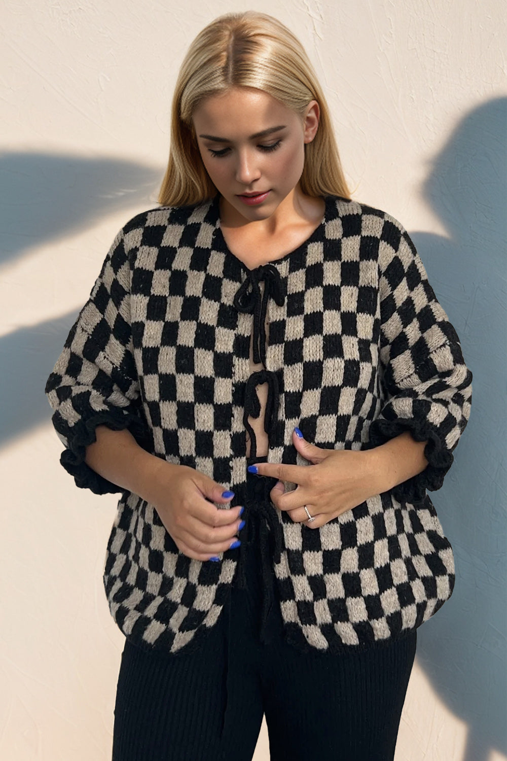 Tied Checkered Dropped Shoulder Flounce Sleeve Cardigan