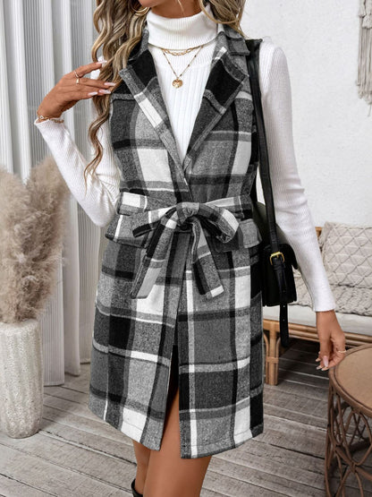 Tied Plaid Vest Coat