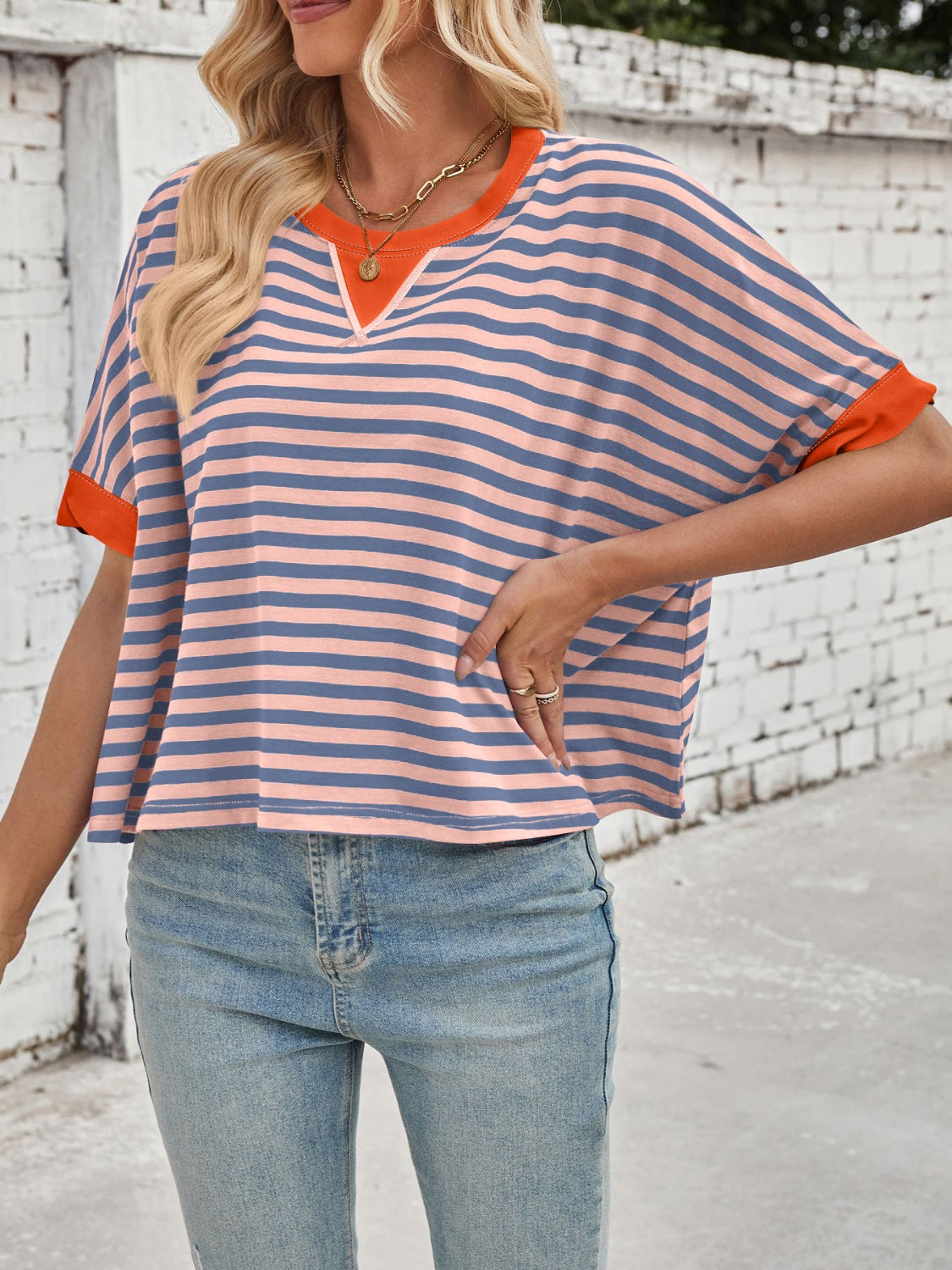 Striped Round Neck Short Sleeve T-Shirt