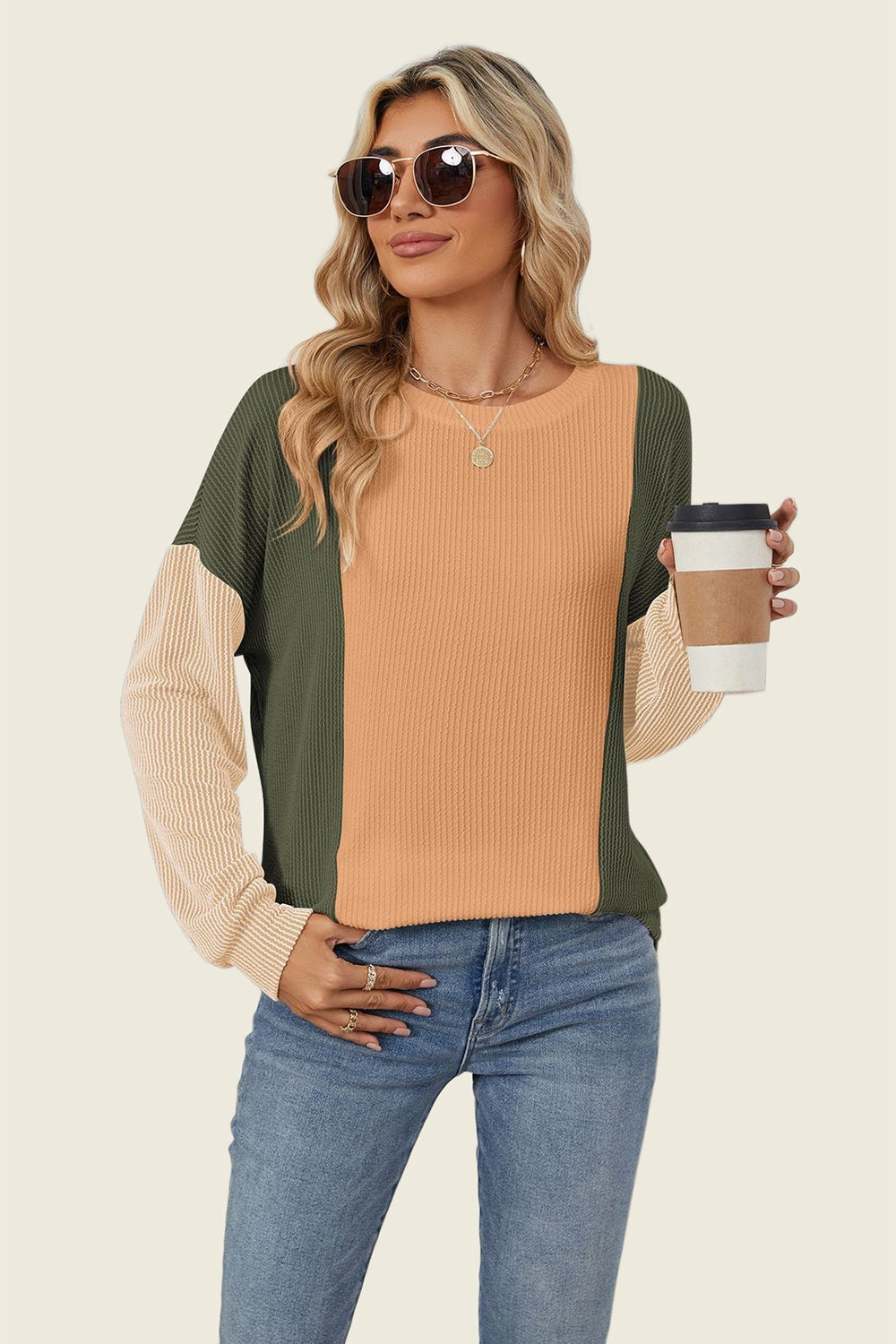 Texture Contrast Round Neck Long Sleeve T-Shirt