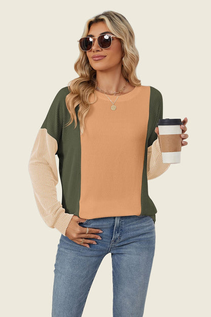 Texture Contrast Round Neck Long Sleeve T-Shirt