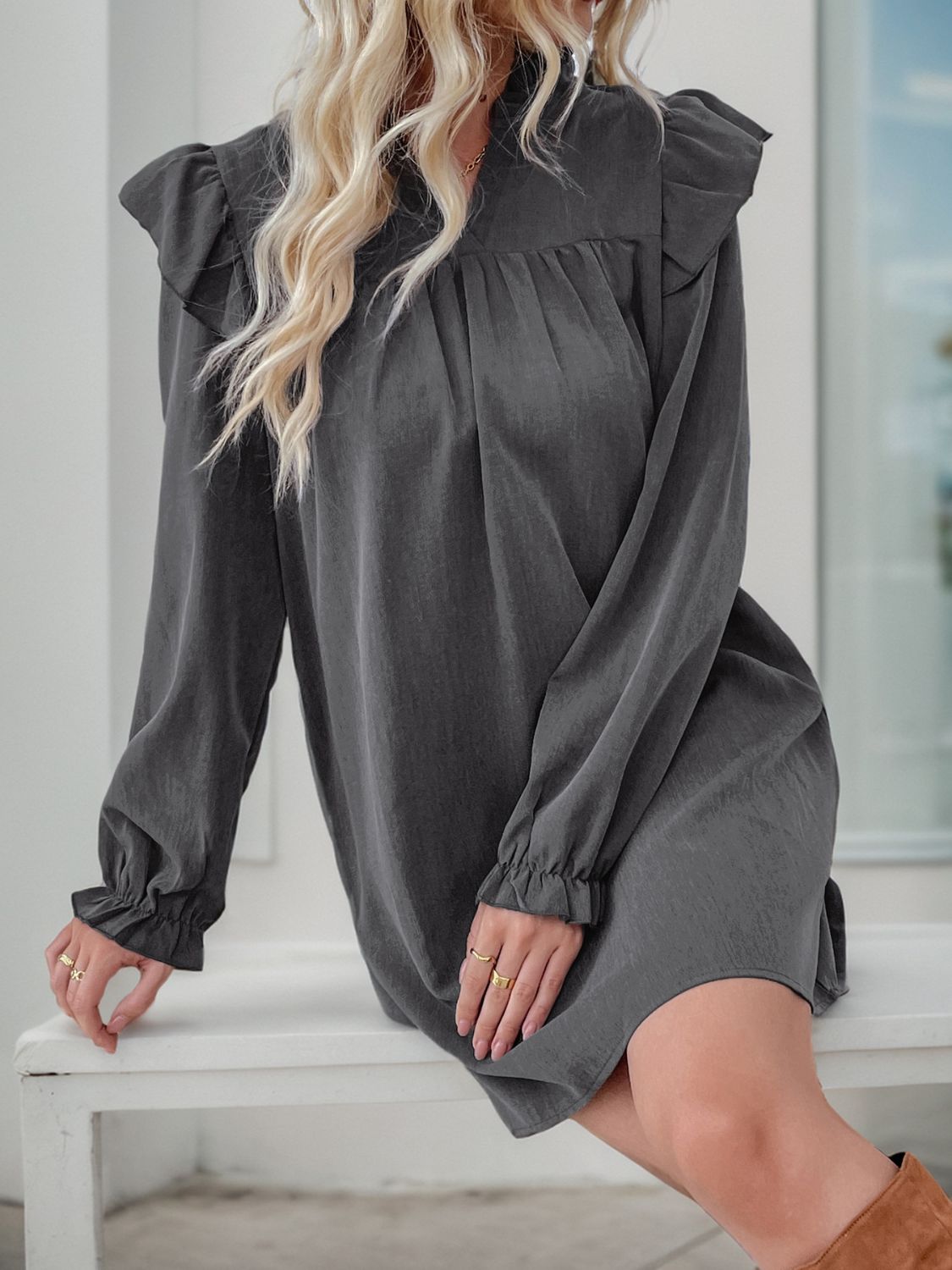 Ruffled Notched Long Sleeve Mini Dress