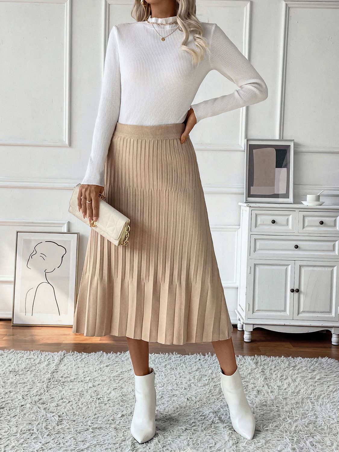 Pleated Midi Sweater Skirt