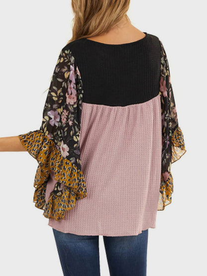 Printed Round Neck Three-Quarter Sleeve Blouse