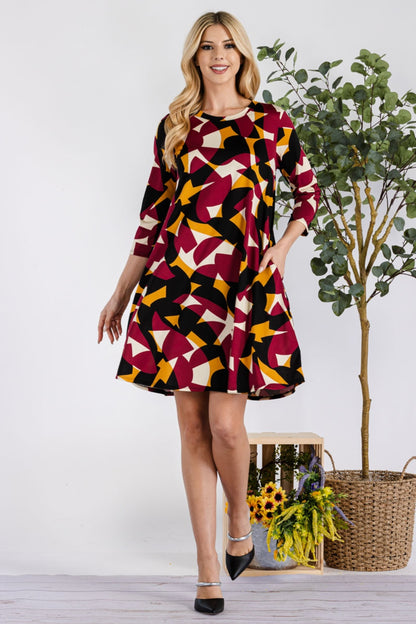 Geometric Round Neck Dress with Pockets