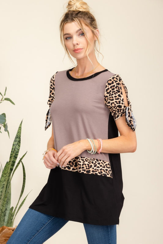 Open Tie Sleeve Leopard Color Blocked Top