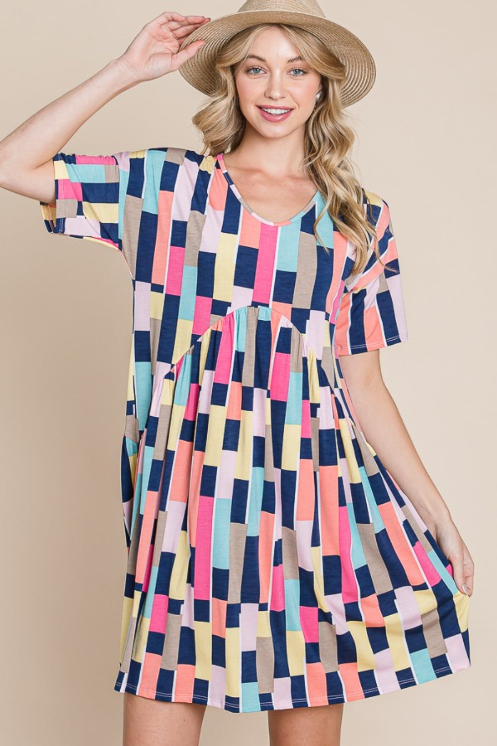 Ruched Color Block Short Sleeve Mini Dress