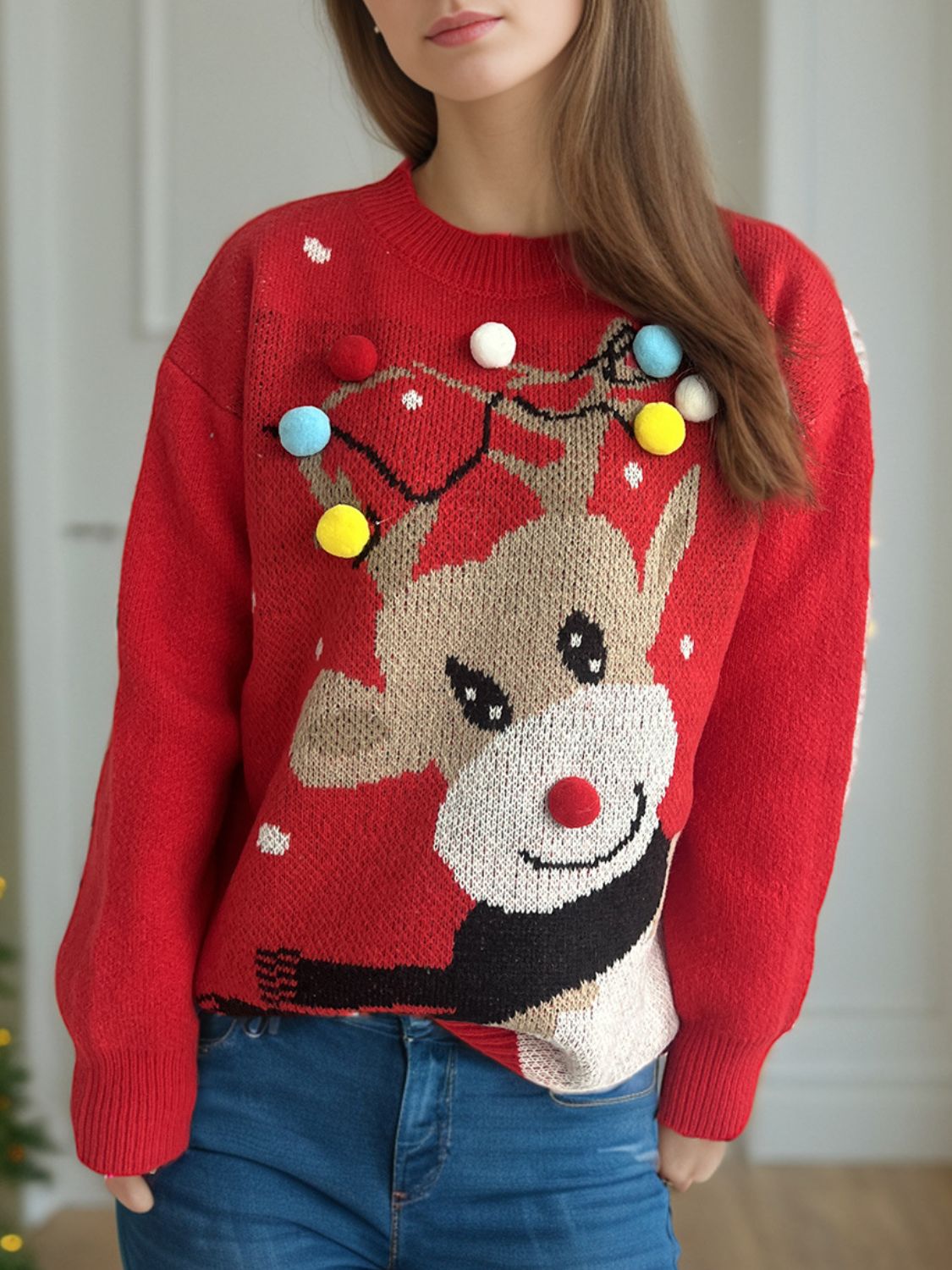 Reindeer Round Neck Long Sleeve Sweater