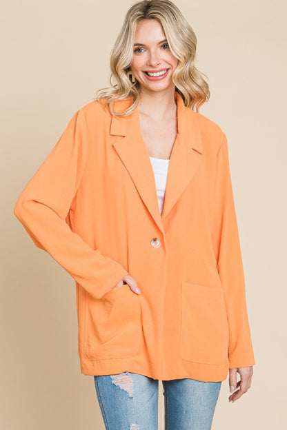 One Button Long Sleeve Blazer with Pockets