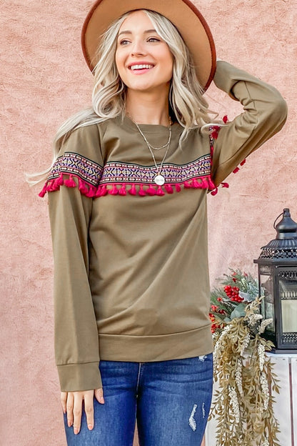 Ethnic Ribbon Tassel Trim Top