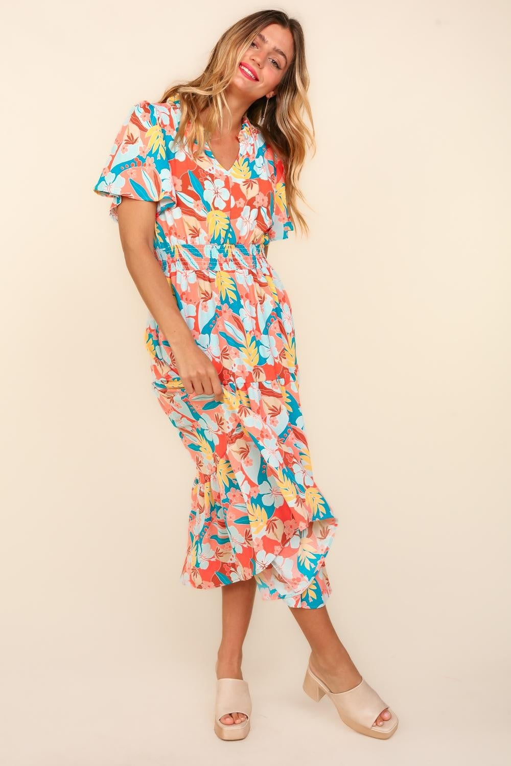 Tropical Floral Tiered Dress with Side Pockets