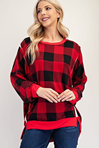Celeste High-Low Plaid Round Neck Sweatshirt