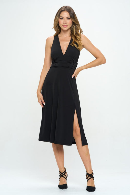 Ruched Waist Sleeveless Slit Dress